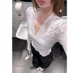 Slimming V-Neck Lace Shirt: Sexy, Flared, Long-Sleeve Top for Women in Early Autumn L balta