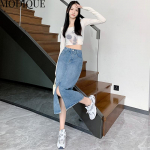 MODIQUE rudeninis naujas moteri&scaron;kas laisvalaikio senovinis A linijos džinsinis ilgas sijonas su auk&scaron;tu liemeniu moteri&scaron;kas laisvas vienspalvis, saldus, nuliūdęs mėlynas sijonas žiemai