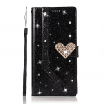 Diamond Heart Glitter Powders piniginės dėklas su kortelių lizdų nuotraukų rėmeliu, skirtas iPhone Samsung Huawei stovo laikiklio atverčiamų dėklų dangtelis iPhone 16 Pro Max juoda