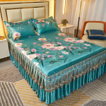 Ledinio &scaron;ilko nėrinių lovos sijonas ir vėsus kilimėlio rinkinys - Kvėpuojantis rotango dizainas 2.0*2.2m with Bedskirt + 2 Pillowcases