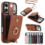 Kryžinė 2 viename magnetinis užtrauktukas kortelių laikiklis odinis piniginės dėklas iPhone 17 Pro Max 16 Plus 15 14 13 12 11 ilgas dirželis Dangtelis iPhone17 Pro &scaron;viesiai ruda spalva