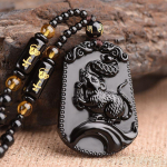 Retro kinų stiliaus imituoti obsidianų graviruotų Zodiako ženklų gyvūnų pakabukų karoliai vyrams papuo&scaron;alai