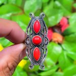 Natural Italian Red Coral Gemstone 925 Sterling Silver Ring Size 7.5 w2m47