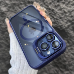 Prabangus magnetinis smūgiams atsparus telefono dėklas, skirtas iPhone 16 15 14 13 12 11 Pro Max Plus Funda stovo stiklo objektyvo apsauga galinis dangtelis iPhone 16 Plus tamsiai mėlyna spalva