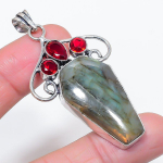 Natural Labradorite, Garnet 925 Sterling Silver Jewelry Pendant 2.52 a1z00