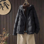 Moteri&scaron;ka žieminė kasdienė pūkinė striukė su gobtuvu, su baltaisiais ančių pūkais, žieminė, kasdienė, laisva, pastorinta, plona XL juoda