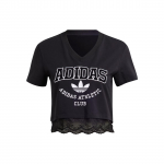 Adidas Originals Trefoil Trumpiki Mar&scaron;kinėliai Su Nėriniu Apvadu, Siuvinėtu Raidiniu Logotipu Ir V Formos I&scaron;kirpte Moteri&scaron;ki Vir&scaron;utiniai Drabužiai Juodi IL2417 S