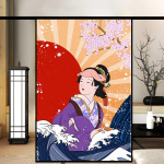 Japoni&scaron;ko stiliaus &bdquo;Ukiyo-e&ldquo; lango plėvelė, statinė prigludusi Privatumo stiklo lipdukai Restorano stumdomų durų lango stiklo plėvelė, nepermatoma apsaugos nuo saulės 50cmX90cm