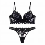 Prancūzi&scaron;kų nėrinių gėlių siuvinėjimo liemenėlių rinkinys Sexy Deep V Push Up Bras Moteri&scaron;ki itin ploni apatiniai su dirželiais, kvėpuojantis apatinis trikotažas S juoda