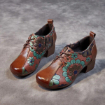 &bdquo;Johnature&ldquo; marginti moteri&scaron;ki batai Natūralios odos retro etninio stiliaus apvalios pir&scaron;tinės storos kulno mink&scaron;tos pado siurbliai 39 kava