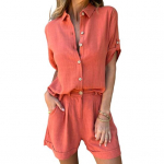 2 vnt./komplektas mar&scaron;kiniai kelnės kostiumas vienspalvis trumpomis rankovėmis atvartas apykakle Palaidinė auk&scaron;tu juosmeniu laisvi kelius &scaron;ortų rinkinys laisvalaikis M oranžinė