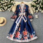 Gėlių vasarinė suknelė moterims plonas juosmens tvarstis temperamentas chalatas moteri&scaron;kas 2024 Vestidos De Mujer Vintage eleganti&scaron;ka maksi suknelė 27w921 XXXL tamsiai mėlyna spalva