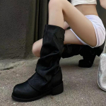 Moteri&scaron;ki platforminiai iki kelių batai Mados vidutinio kulno odiniai batai Prekės ženklo dizainerio Nauji batai Moteris 2025 m. Trend Goth Chelsea Botas Mujer 35 juoda