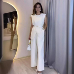 Apvali i&scaron;kirptė, diržas, berankoviai, balti, auk&scaron;tu liemeniu vir&scaron;utiniai drabužiai, vienspalviai, plačių kle&scaron;nių ilgos kelnės, prigludę, eleganti&scaron;ki dviejų dalių komplektai, moteri&scaron;kas kelnių komplektas XS balta