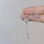 Pink Angel Wings Heart Pendant karoliai Fringed Auskarai Moterų papuo&scaron;alai