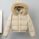 Madingas žieminis paltas moterims, trumpa parka su kapi&scaron;onu, dirbtinio kailio apykakle, laisvas, storas, &scaron;iltas, moteri&scaron;kas &scaron;varkas M chaki