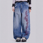 Unisex Y2K amerikieti&scaron;ko siuvinėjimo &bdquo;Baggy&ldquo; džinsai, skirti gatvei, moterims, vintažiniai hiphopo laisvalaikio stiliaus &bdquo;Joker&ldquo; poros plačių kojų džinsinės kelnės. S mėlyna