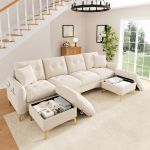 4 vietų U formos modulinė sofa-lova su 2 daiktadėžėmis-taburetėmis ir 2 dekoratyvinėmis pagalvėmis, bendri matmenys 263&times;137&times;85 cm, Smėlio spalvos 263 x 137 x 85 cm smėlis