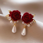 Raudonos rožės gėlių imitacijos perlų cirkonio auskarai ni&scaron;iniai vintažiniai auskarai Premium Sense Ear Jewelry raudona