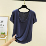 Vasaros vienspalviai modaliniai mar&scaron;kinėliai trumpomis rankovėmis moterims, didelių dydžių, bazinis sluoksnis, plonai priglundantys, laisvi vir&scaron;utiniai drabužiai, mar&scaron;kinėliai moteri&scaron;ki XXL džinsinio mėlyna spalva