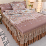 Ledinio &scaron;ilko nėrinių lovos sijonas ir vėsus kilimėlio rinkinys - Kvėpuojantis rotango dizainas 2.0*2.2m with Bedskirt + 2 Pillowcases
