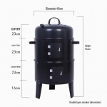 BBQ 3-in-1 rūkykla: Rūkykla, tro&scaron;kinimo orkaitė, kepsninė, saldžiųjų bulvių keptuvė, apvalios statinės dizainas.