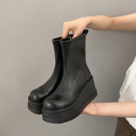 Madingi 8 cm mikropluo&scaron;to odiniai platforminiai batai moterims Rudens plei&scaron;tai su užtrauktuku Moteri&scaron;ki žieminiai batai Ankle Shoes Auk&scaron;takulniai 35 juoda