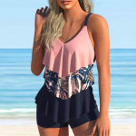 Moteri&scaron;kas maudymosi kostiumėlis su petne&scaron;ėlėmis Įvairiaspalvis Lotus Leaves Spausdintas Bikini Tankini maudymosi kostiumėlis S rožinė