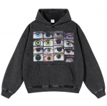 &bdquo;Streetwear Eyes&ldquo; grafinis unisex megztinis su ilgomis rankovėmis &ndash; juodas, per didelis, unisex stiliaus džemperis su gobtuvu. S juoda