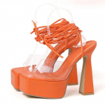 &bdquo;Liyke&ldquo; seksualūs sandalai su kulk&scaron;nies dirželiu, moteri&scaron;ki PVC skaidrūs, atviri nėriniai &ndash; iki 15 cm auk&scaron;takulniai, platforma, stambi vakarėlio suknelė, oranžinė 35 oranžinė