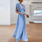 Moteri&scaron;ka Plius dydžio solidi vintažinė skraidyklės rankovėmis atgal tu&scaron;čiavidurė V formos i&scaron;kirptė ilga vakarėliui M &scaron;viesiai mėlyna spalva