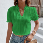 2023 m. vasaros balti mar&scaron;kiniai trumpomis rankovėmis Moteri&scaron;ki vintažiniai solidūs V formos i&scaron;kirptės laisvi mar&scaron;kiniai Kasdieniai eleganti&scaron;ka nėriniuota palaidinė Madingi drabužiai 28006 S žalia