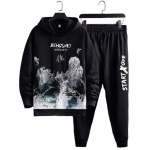 2vnt./komplektas Vyri&scaron;kas sportinio kostiumo komplektas su peizažine spauda su gobtuvu, rai&scaron;teliu ilgomis rankovėmis megztinis elastingas juosmens ki&scaron;enės bėgimo kelnių rinkinys