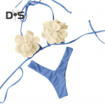 2 vnt./kompl. vasaros bikinių komplektas reguliuojamas rai&scaron;teliais užri&scaron;amas per kaklą, 3D gėlės liemenėlė, žemo liemens maudymosi kelnaitės, maudymosi kostiumėlis L mėlyna