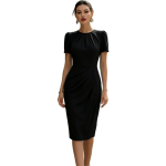 Moteri&scaron;ka midi suknelė su pūstomis rankovėmis ir suraukta juosmens dalimi, apvaliu kaklu, oficiali biuro bodycon suknelė, S-2XL L juoda