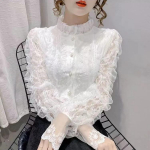 Madingi raukiniai vintažinė palaidinė Moteri&scaron;ka Eleganti&scaron;ka ilgomis rankovėmis nėriniuota mar&scaron;kiniai Laisvi &scaron;ifoniniai mar&scaron;kiniai stovi apykakle, klostuoti vir&scaron;ūnės Blusas XXL balta