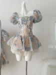 Kvadratinio kaklo Eleganti&scaron;ka, miela nauja suknelė moteri&scaron;ka, pasakų lankas, mini suknelė moteri&scaron;ka trumpomis rankovėmis, madinga Boho paplūdimio suknelė vasarą S mėlyna