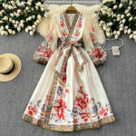Gėlių vasarinė suknelė moterims plonas juosmens tvarstis temperamentas chalatas moteri&scaron;kas 2024 Vestidos De Mujer Vintage eleganti&scaron;ka maksi suknelė 27w921 XL abrikosas