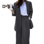 2 vnt./komplektas Moteri&scaron;kas oficialus paltas kelnių rinkinys ilgomis rankovėmis atviro dygsnio kardiganas vidutinio ilgio striukė Laisva tiesi, plati kelnė auk&scaron;tu juosmeniu, oficialios verslo formos L tamsiai pilka spalva