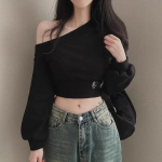 Harajuku moterų netaisyklingi džemperiai be pečių ilgomis rankovėmis, seksualūs trumpi vir&scaron;ūnės, Y2k gatvės aprangos megztiniai, džemperiai 2024 m. rudens ir žiemos sezonui S juoda