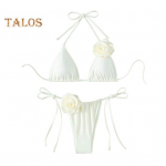2 vnt./kompl. Moteri&scaron;kas bikini komplektas su rai&scaron;teliais, halterio tipo, su pamink&scaron;tinta liemenėle, maudymosi &scaron;ortų komplektas, 3D gėlių dekoras, paplūdimio stiliaus maudymosi kostiumėlis S dramblio kaulas