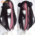 Sintetinis ilgas ombre spalvingas Cosplay perukas Lolita Harajuku su kirpčiukais Natūralūs banguoti Helovino rožiniai purpuriniai mėlyni kasdieniai perukai 31