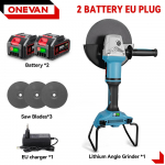 ONEVAN 180MM be&scaron;epetėlinis elektrinis kampinis &scaron;lifuoklis, kintamo greičio M14 pjovimo staklės, medžio apdirbimo įrankis Makita 18v akumuliatoriaus kai&scaron;čiui 2xBattery-EU Plug
