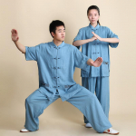 2 vnt. / rinkinys Unisex mygtukų mar&scaron;kinėliai laisvi vientisos spalvos kinų tradicinis tai chi kostiumas kung fu dėvėti vyri&scaron;ki drabužiai XXXL mėlyna