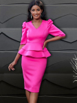 ONTINVA Fuksijos spalvos suknelės moterims V kaklo Puff pusrankovėmis Empire Peplum Ruffles Midi Biuro darbo vakaro apranga 3XL 4XL 3XL ry&scaron;kiai rožinė