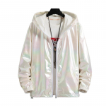 Unisex blizganti striukė lazeriu su gobtuvu, vaivoryk&scaron;tė holografinė Harajuku apsauga nuo saulės, plius dydis 7XL balta