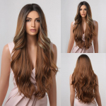 ALAN EATON OMbre Brown Blonde mi&scaron;rūs perukai su kirpčiukais Ilgi garbanoti banguoti sintetiniai perukai moterims, kar&scaron;čiui atsparūs pluo&scaron;to perukai kasdieniniam vakarėliui