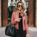 Moteri&scaron;ka plona striukė PU odinė mink&scaron;ta striukė su užtrauktuku 5XL rožinė