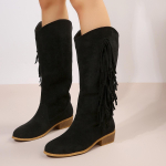Cowgirl Fringe Boots for Women Chunky Block Heel Tassels Cowboy Boots Knee High Pointed Toe Western Boots Women's Anti-Slip Faux Suede Pull-on Booties 36 juoda