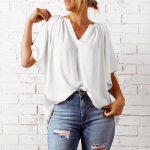 Summer Loose V-neck Top Casual Women's T-shirt Chiffon Shirt S balta